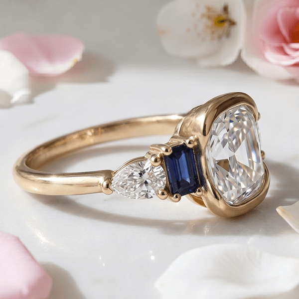 Half Bezel Setting Yellow Gold Cushion Cut White Sapphire Five Stone Engagement Ring