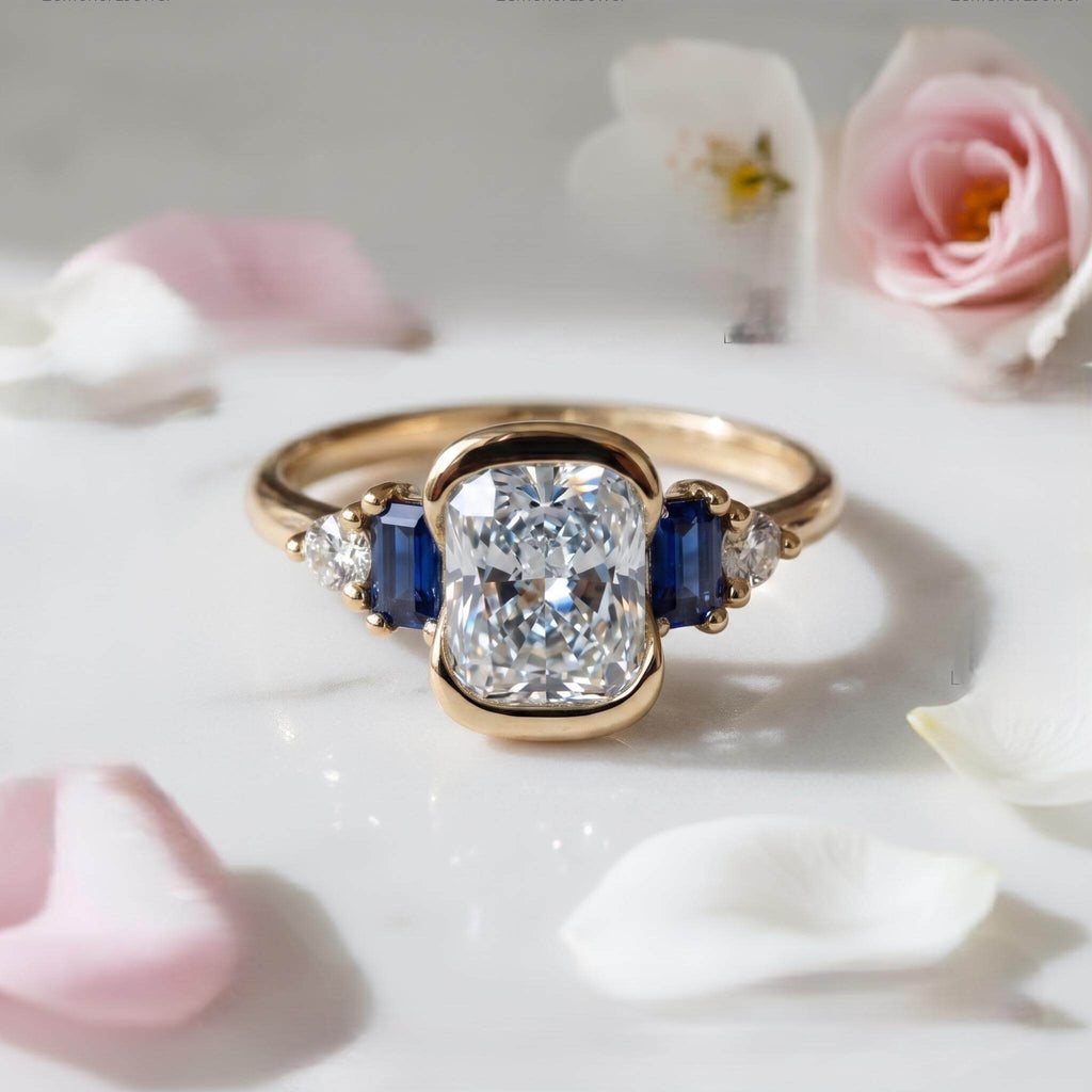 Half Bezel Setting Yellow Gold Cushion Cut White Sapphire Five Stone Engagement Ring