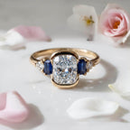 Half Bezel Setting Yellow Gold Cushion Cut White Sapphire Five Stone Engagement Ring