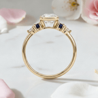 Half Bezel Setting Yellow Gold Cushion Cut White Sapphire Five Stone Engagement Ring