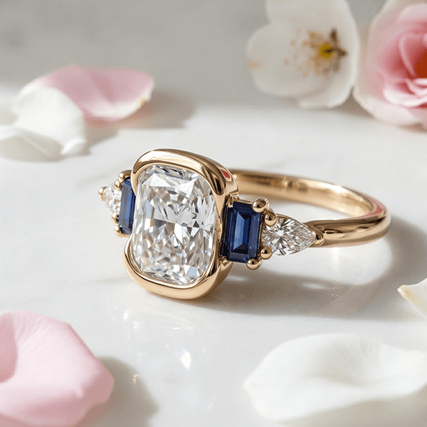 Half Bezel Setting Yellow Gold Cushion Cut White Sapphire Five Stone Engagement Ring