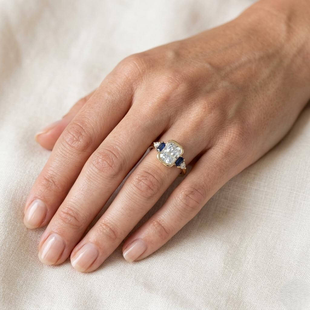 Half Bezel Setting Yellow Gold Cushion Cut White Sapphire Five Stone Engagement Ring