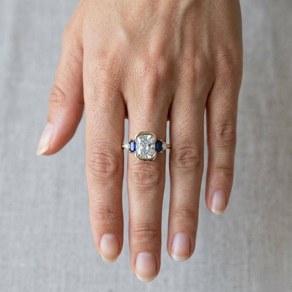Half Bezel Setting Yellow Gold Cushion Cut White Sapphire Five Stone Engagement Ring