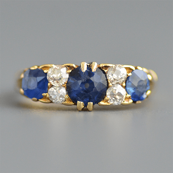 Vintage Yellow Gold Round Cut Blue Sapphire Half Eternity Wedding Band For Women