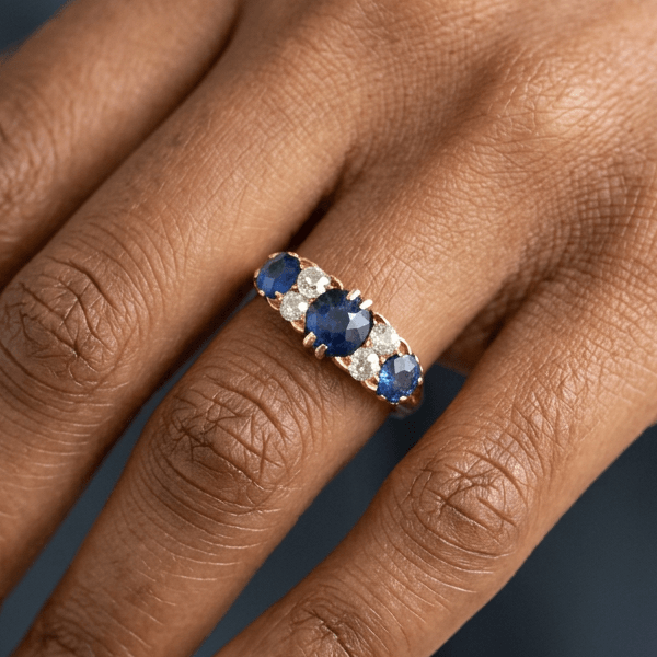 Vintage Yellow Gold Round Cut Blue Sapphire Half Eternity Wedding Band For Women