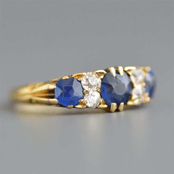 Vintage Yellow Gold Round Cut Blue Sapphire Half Eternity Wedding Band For Women