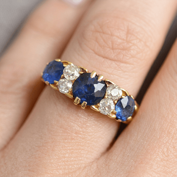 Vintage Yellow Gold Round Cut Blue Sapphire Half Eternity Wedding Band For Women