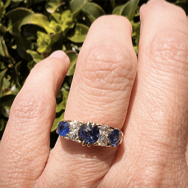 Vintage Yellow Gold Round Cut Blue Sapphire Half Eternity Wedding Band For Women