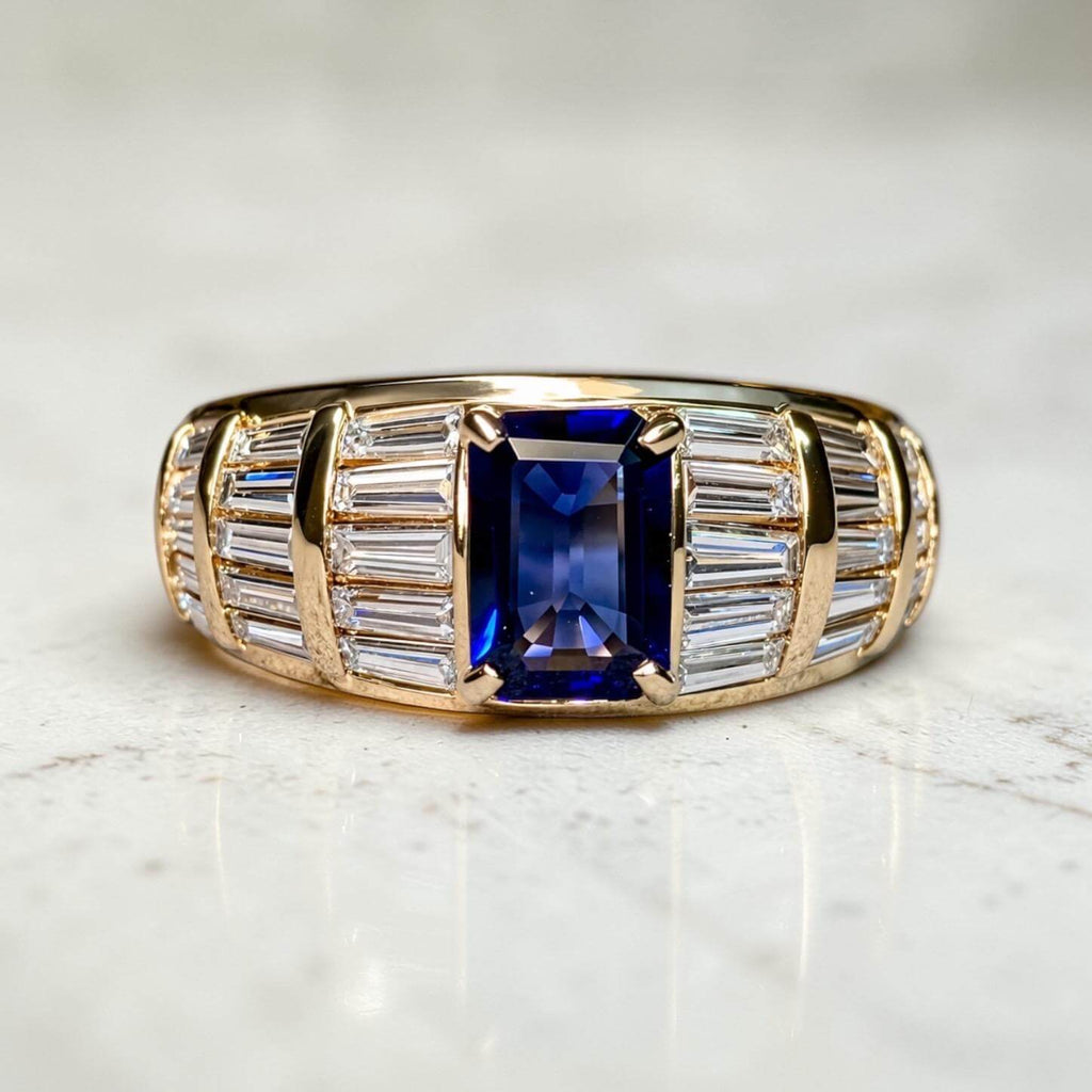Luxury Jewelry Multi Row Yellow Gold Emerald & Baguette Cut Blue & White Sapphire Engagement Ring