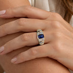 Luxury Jewelry Multi Row Yellow Gold Emerald & Baguette Cut Blue & White Sapphire Engagement Ring