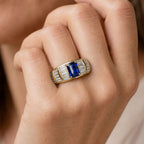 Luxury Jewelry Multi Row Yellow Gold Emerald & Baguette Cut Blue & White Sapphire Engagement Ring