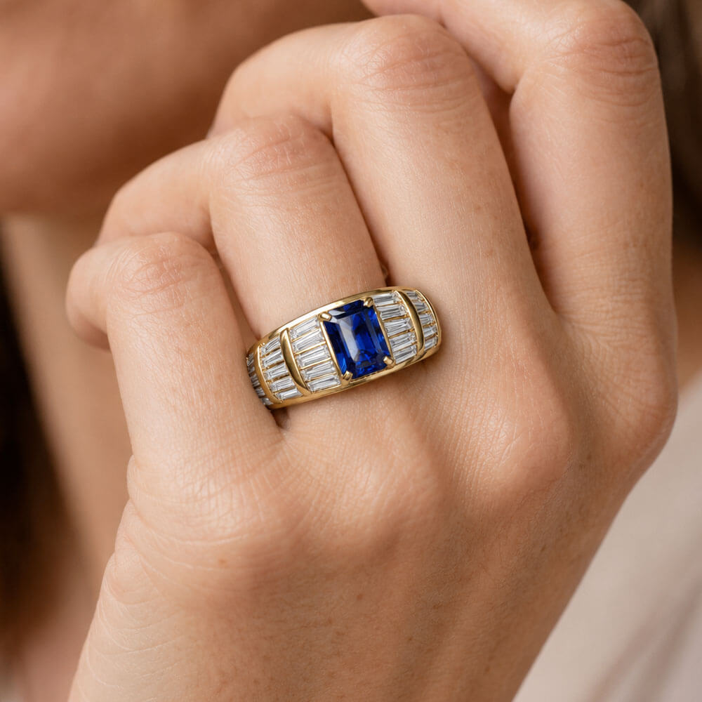 Luxury Jewelry Multi Row Yellow Gold Emerald & Baguette Cut Blue & White Sapphire Engagement Ring