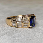 Luxury Jewelry Multi Row Yellow Gold Emerald & Baguette Cut Blue & White Sapphire Engagement Ring