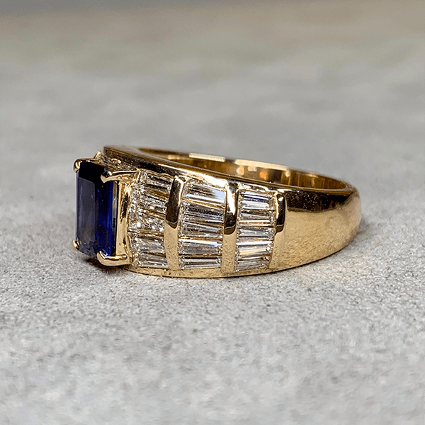 Luxury Jewelry Multi Row Yellow Gold Emerald & Baguette Cut Blue & White Sapphire Engagement Ring