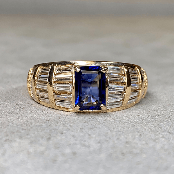 Luxury Jewelry Multi Row Yellow Gold Emerald & Baguette Cut Blue & White Sapphire Engagement Ring