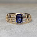 Luxury Jewelry Multi Row Yellow Gold Emerald & Baguette Cut Blue & White Sapphire Engagement Ring
