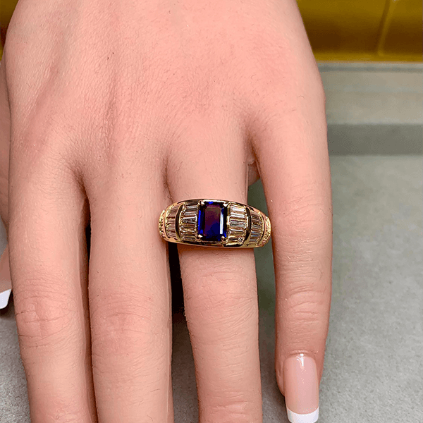 Luxury Jewelry Multi Row Yellow Gold Emerald & Baguette Cut Blue & White Sapphire Engagement Ring