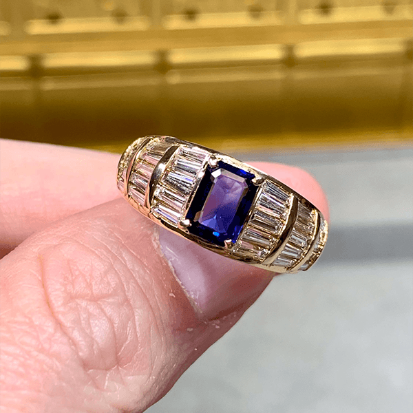 Luxury Jewelry Multi Row Yellow Gold Emerald & Baguette Cut Blue & White Sapphire Engagement Ring
