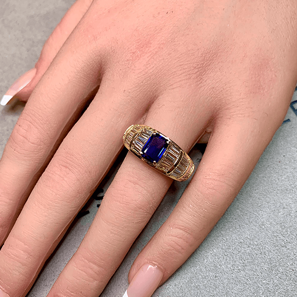 Luxury Jewelry Multi Row Yellow Gold Emerald & Baguette Cut Blue & White Sapphire Engagement Ring