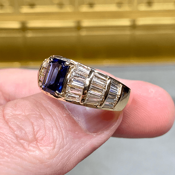 Luxury Jewelry Multi Row Yellow Gold Emerald & Baguette Cut Blue & White Sapphire Engagement Ring