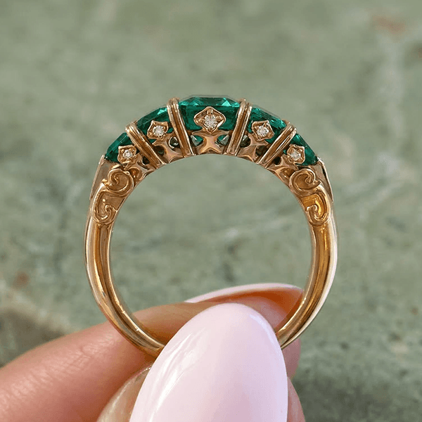 Vintage Yellow Gold Five Stone Emerald Cut Emerald Sapphire Engagement Ring