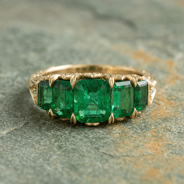 Vintage Yellow Gold Five Stone Emerald Cut Emerald Sapphire Engagement Ring