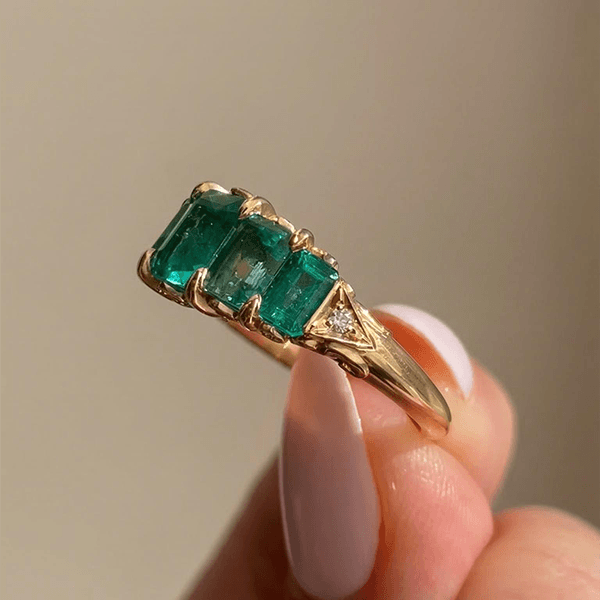 Vintage Yellow Gold Five Stone Emerald Cut Emerald Sapphire Engagement Ring