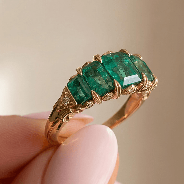 Vintage Yellow Gold Five Stone Emerald Cut Emerald Sapphire Engagement Ring