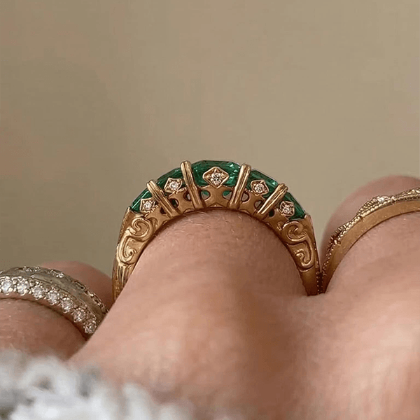 Vintage Yellow Gold Five Stone Emerald Cut Emerald Sapphire Engagement Ring