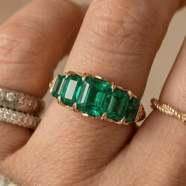 Vintage Yellow Gold Five Stone Emerald Cut Emerald Sapphire Engagement Ring