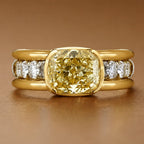 Yellow Gold Half Bezel Cushion Cut Canary Sapphire Cocktail Ring For Women