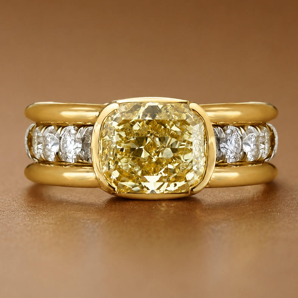 Yellow Gold Half Bezel Cushion Cut Canary Sapphire Cocktail Ring For Women
