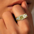 Yellow Gold Half Bezel Cushion Cut Canary Sapphire Cocktail Ring For Women