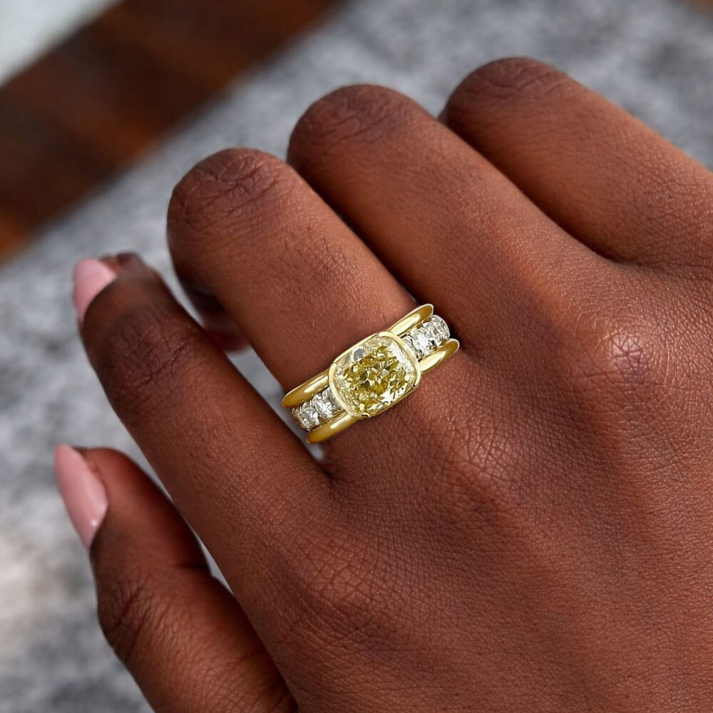 Yellow Gold Half Bezel Cushion Cut Canary Sapphire Cocktail Ring For Women