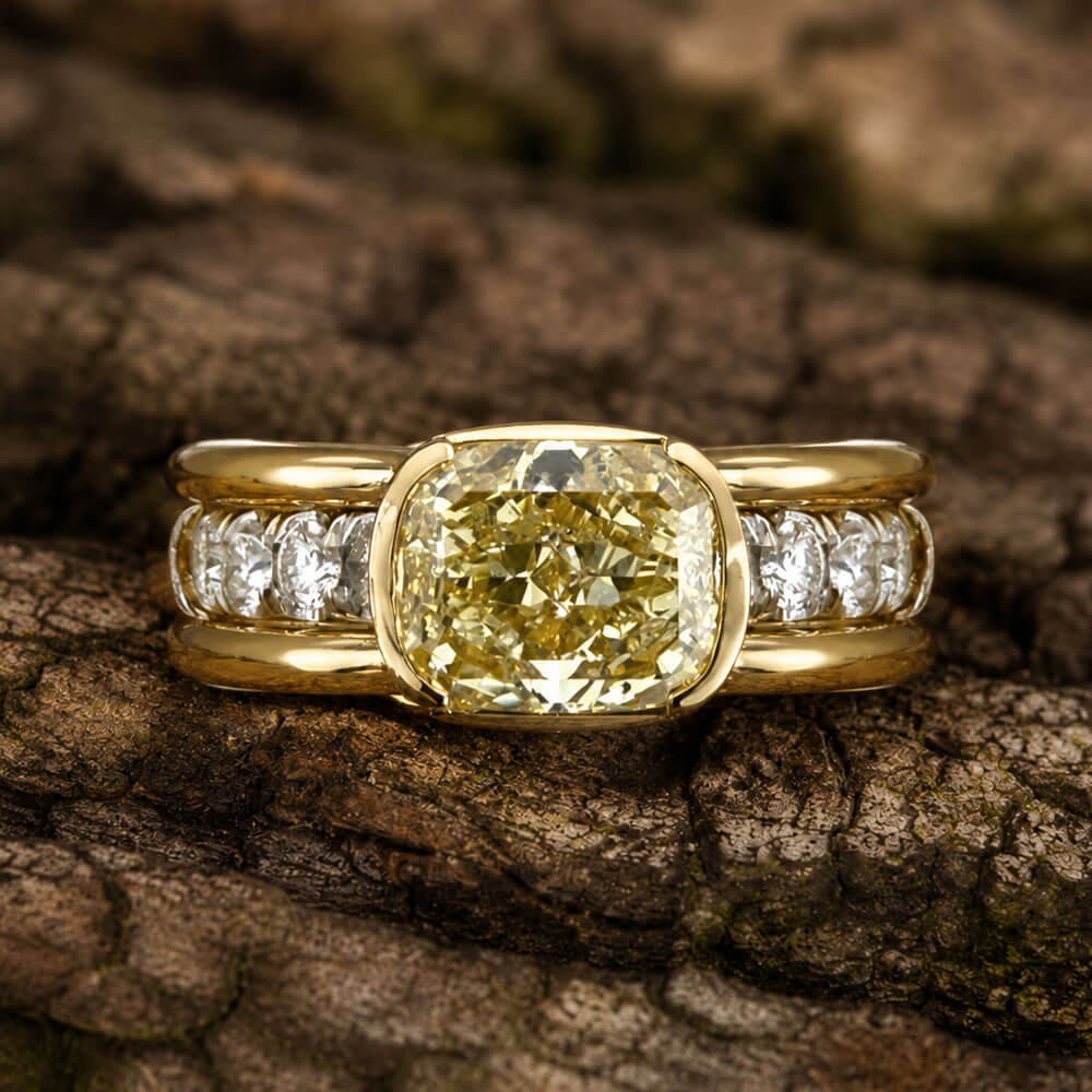 Yellow Gold Half Bezel Cushion Cut Canary Sapphire Cocktail Ring For Women