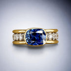 Yellow Gold Half Bezel Cushion Cut Blue Sapphire Cocktail Ring For Women