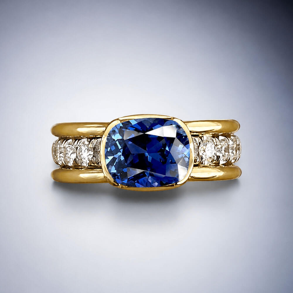 Yellow Gold Half Bezel Cushion Cut Blue Sapphire Cocktail Ring For Women