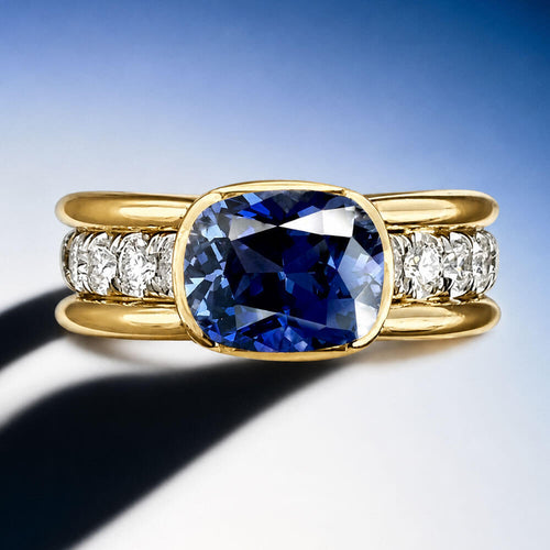 Yellow Gold Half Bezel Cushion Cut Blue Sapphire Cocktail Ring For Women