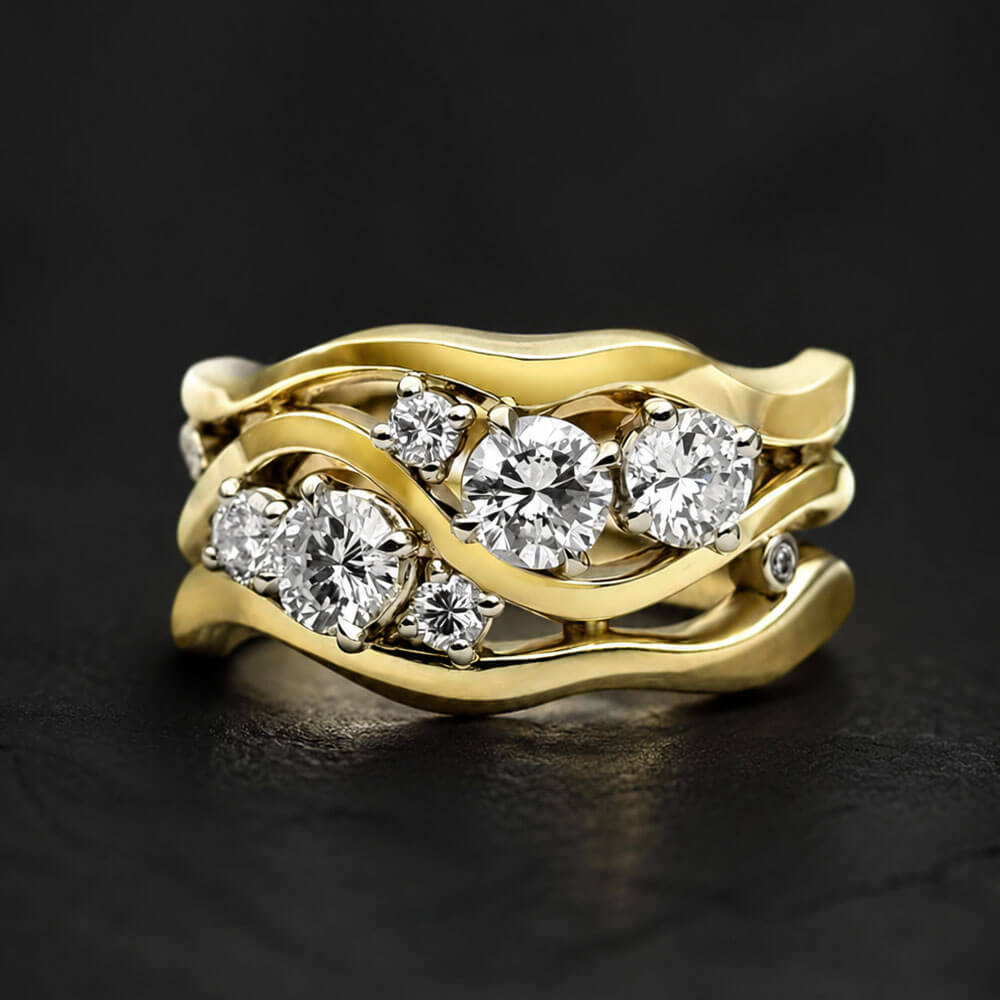 Unique Design Triple Row Yellow Gold Round Cut Half Eternity Wedding Band For Women