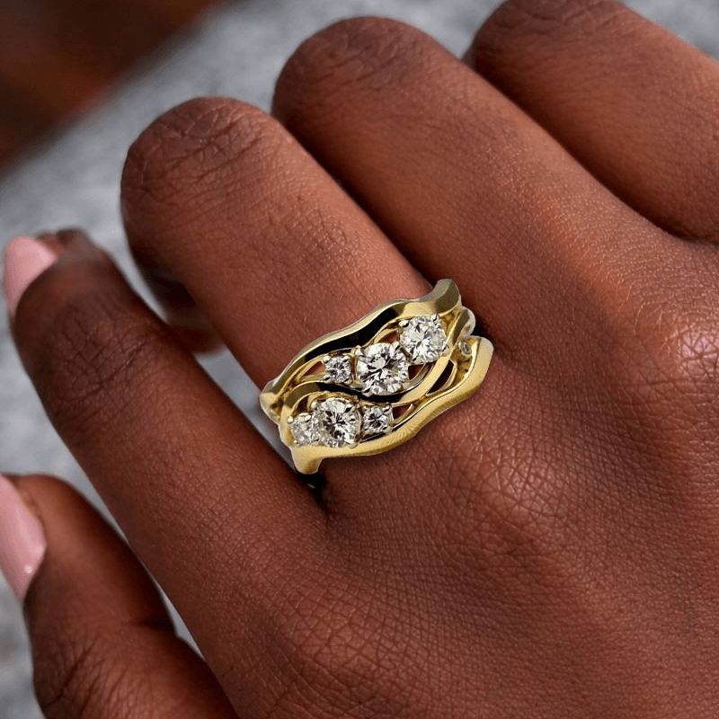 Unique Design Triple Row Yellow Gold Round Cut Half Eternity Wedding Band For Women