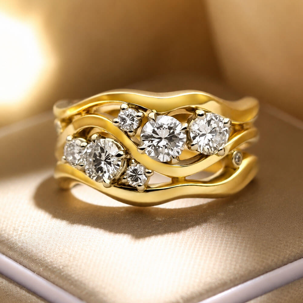 Unique Design Triple Row Yellow Gold Round Cut Half Eternity Wedding Band For Women