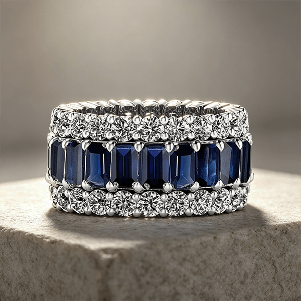 Luxury Jewelry Three Row Baguette Cut Blue & White Sapphire Eternity Wedding Band For Women