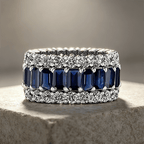 Luxury Jewelry Three Row Baguette Cut Blue & White Sapphire Eternity Wedding Band For Women