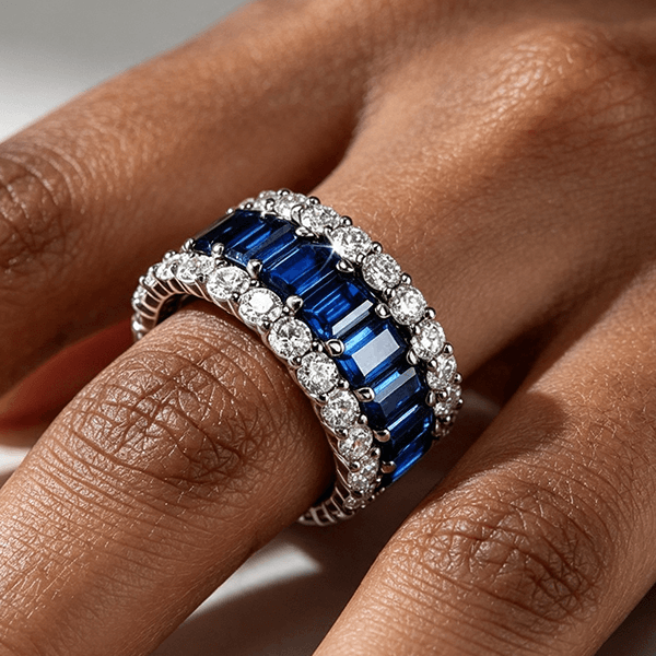 Luxury Jewelry Three Row Baguette Cut Blue & White Sapphire Eternity Wedding Band For Women