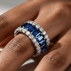 Luxury Jewelry Three Row Baguette Cut Blue & White Sapphire Eternity Wedding Band For Women