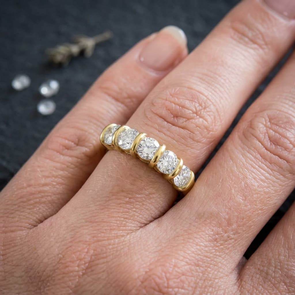 Classic Yellow Gold Channel Setting Round Cut White Sapphire Half Eternity Wedding Band For Women