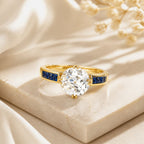 Luxury Jewelry Yellow Gold Round Cut White & Blue Sapphire Engagement Ring