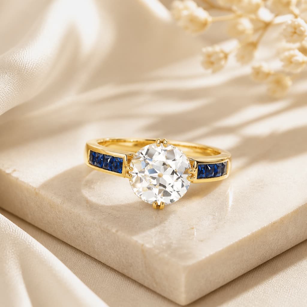 Luxury Jewelry Yellow Gold Round Cut White & Blue Sapphire Engagement Ring