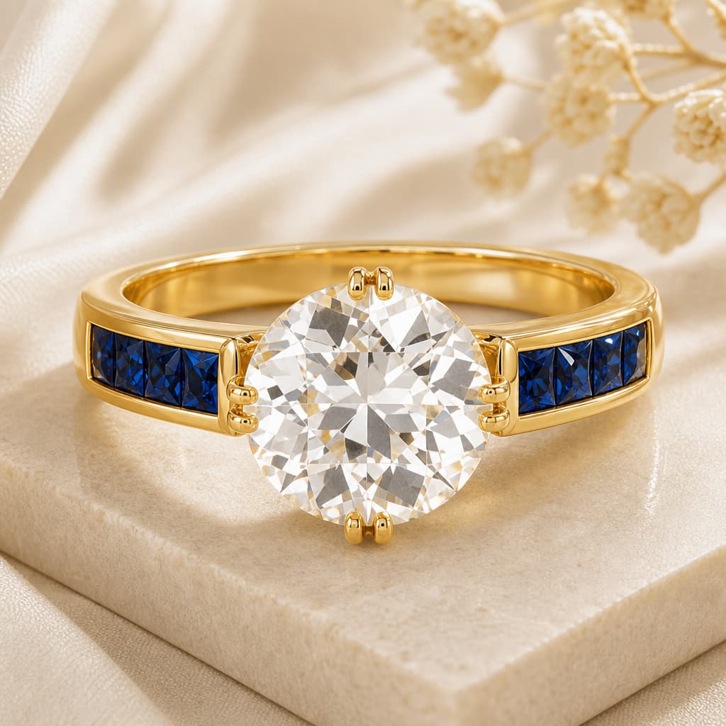 Luxury Jewelry Yellow Gold Round Cut White & Blue Sapphire Engagement Ring