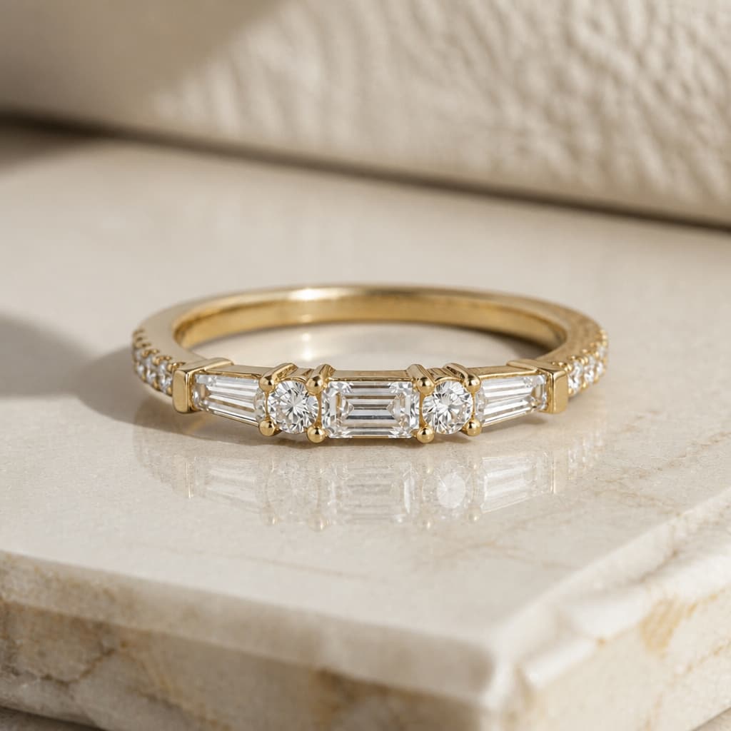 Classic Yellow Gold Baguette & Round Cut White Sapphire Half Eternity Wedding Band For Women